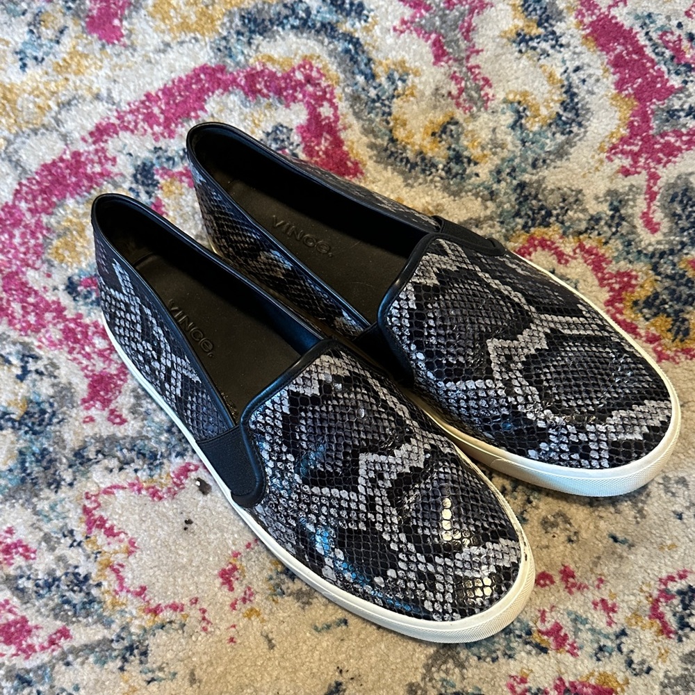 Vince Black and Gray Snake Print Slip-On Sneakers